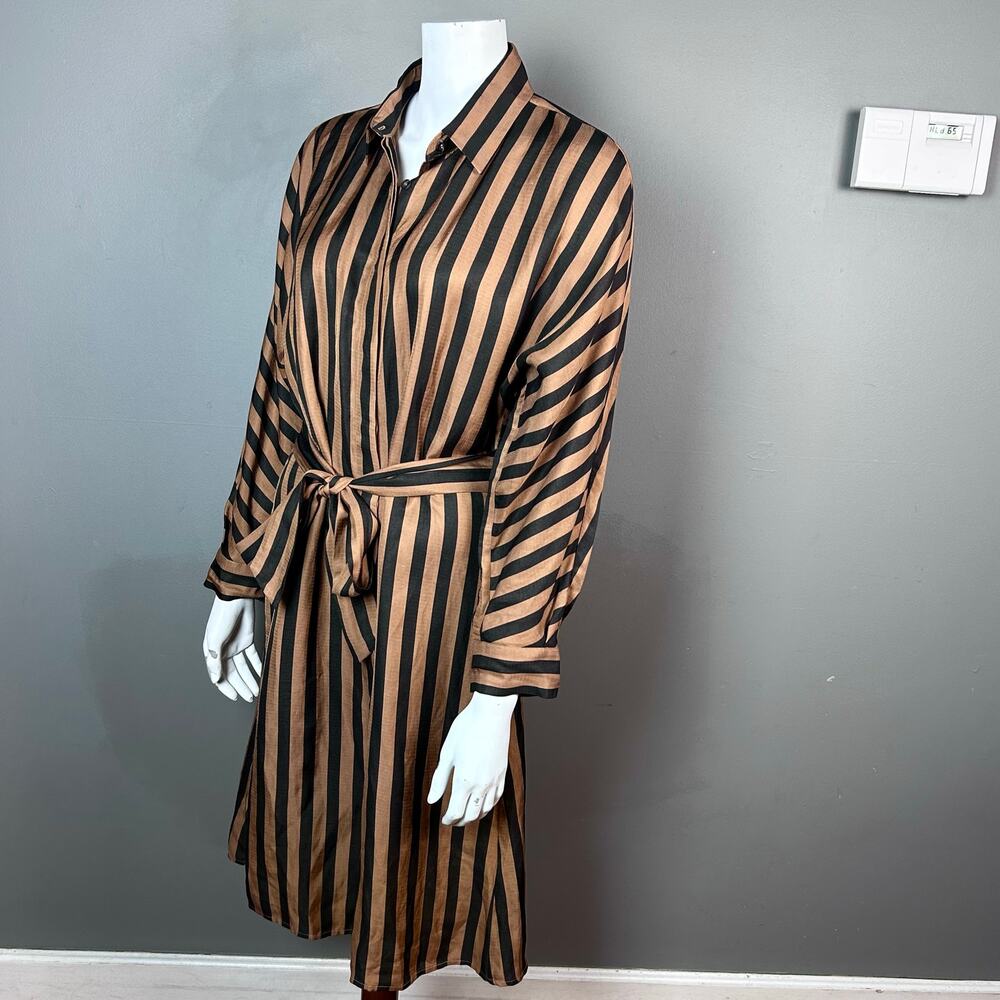 Massimo Dutti dress‎ size 6 midi shirt dress brown black striped linen corpcore